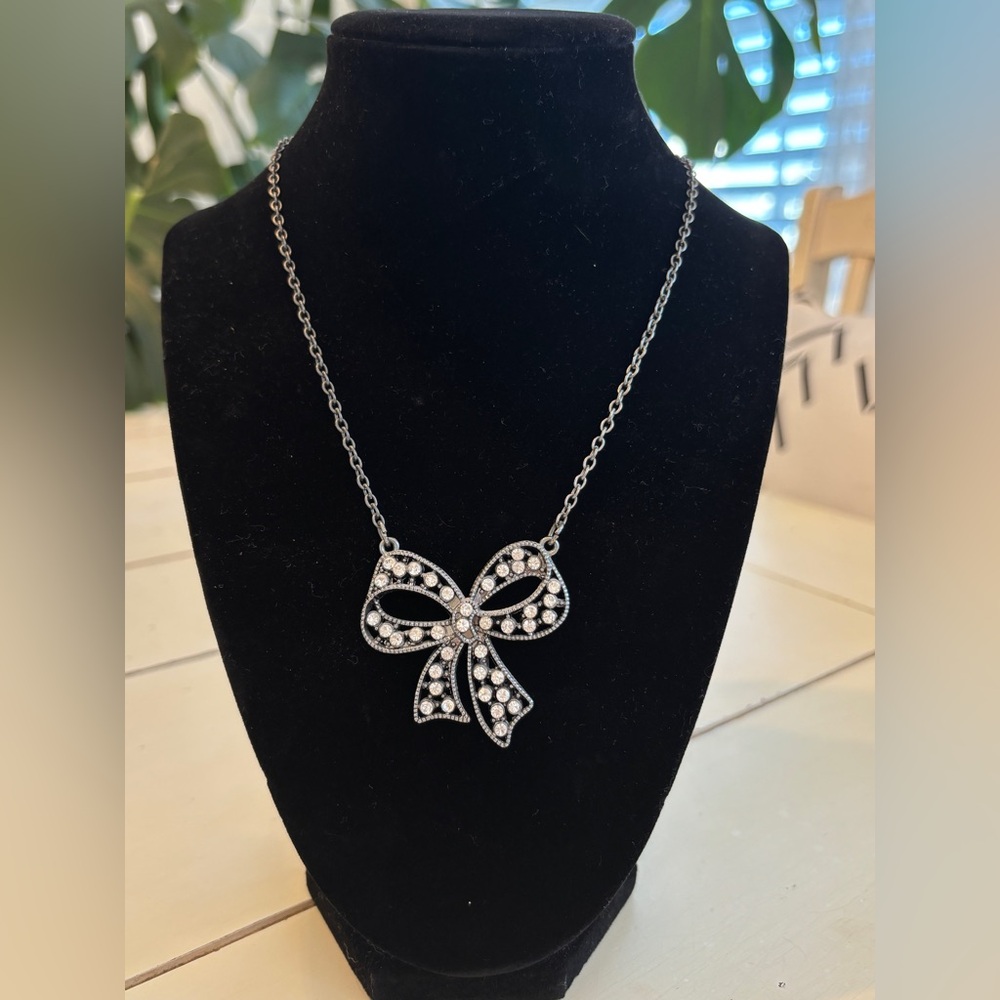 Rhinestone Bow Pendant Necklace Costume Jewelry Coquette Feminine